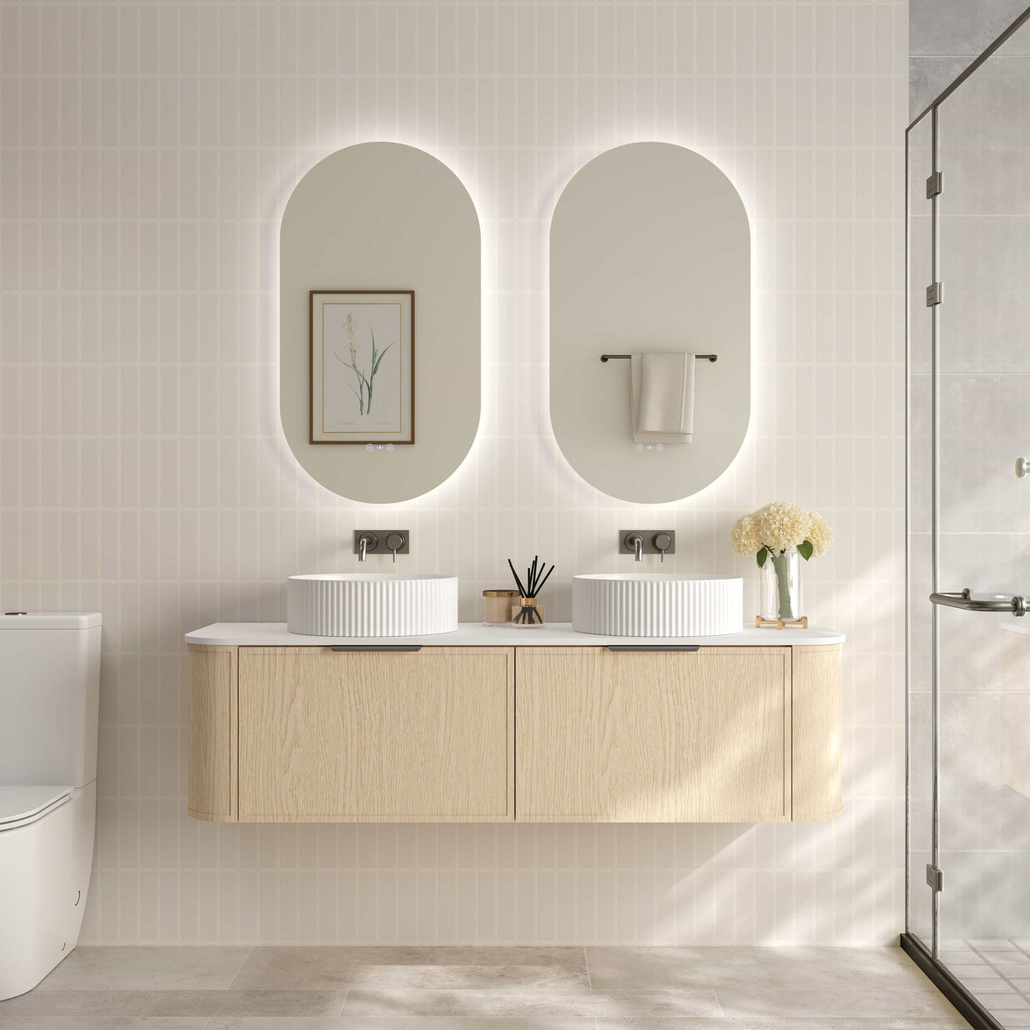 Elva 1500mm Wall-Hung Cabinet - Natural Oak - 1500mm / Gun Metal / Cabinet & White Stone Top
