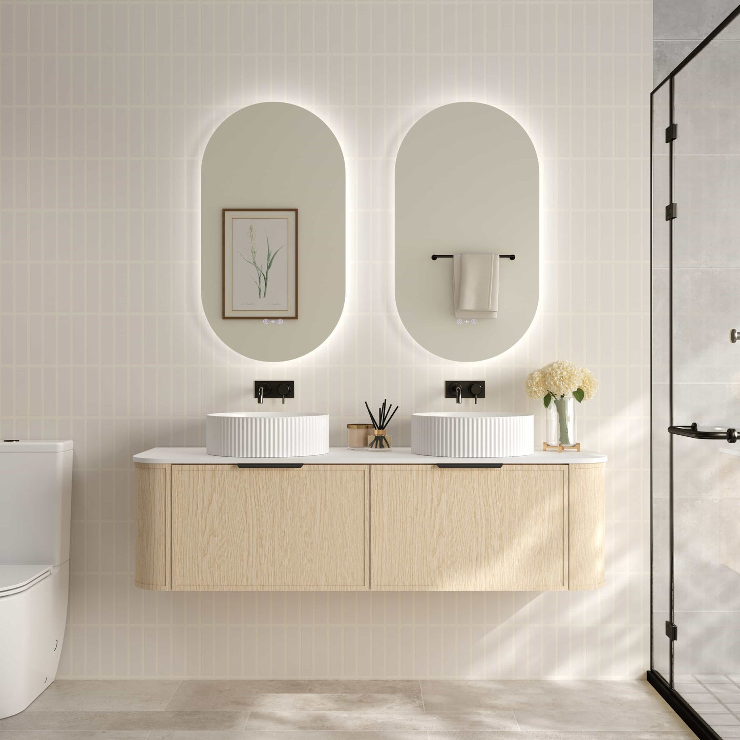 Elva 1500mm Wall-Hung Cabinet - Natural Oak - 1500mm / Matte Black / Cabinet & White Stone Top