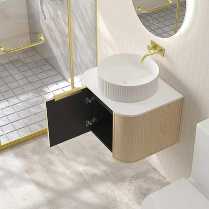 Elva 600mm Wall-Hung Cabinet - Natural Oak - 600mm / Brushed Brass / Natural Oak Cabinet & White Stone Top