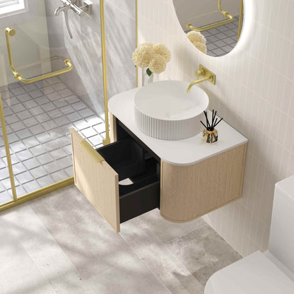 Elva 750mm Wall-Hung Cabinet - Natural Oak - 750mm / Gun Metal / Natural Oak Cabinet & White Stone Top