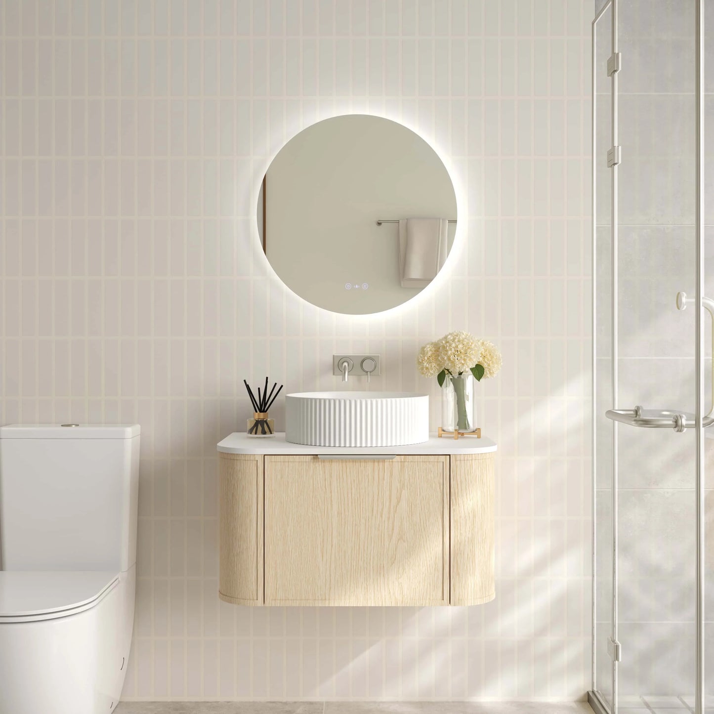 Elva 750mm Wall-Hung Cabinet - Natural Oak - 750mm / Brushed Nickel / Natural Oak Cabinet & White Stone Top
