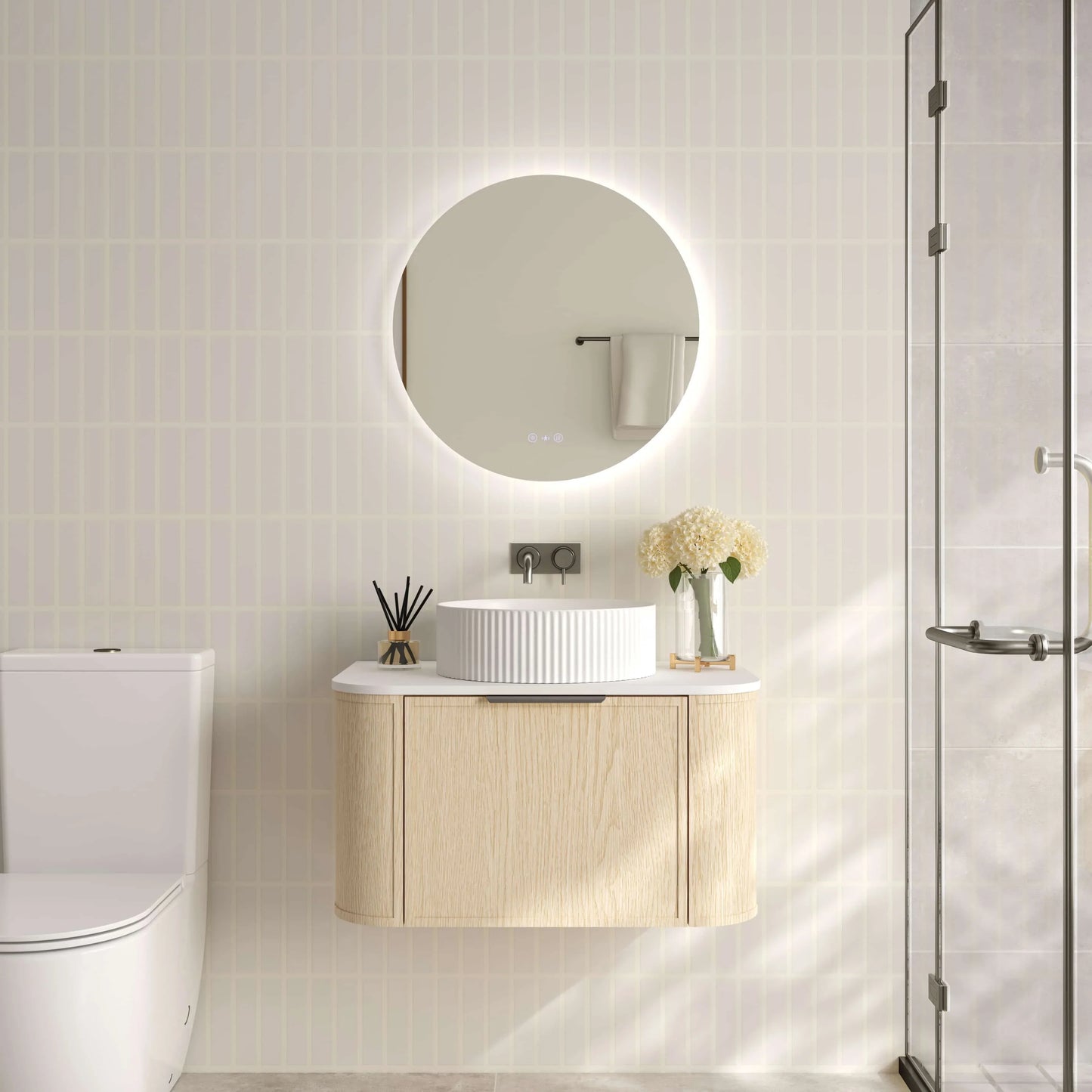 Elva 750mm Wall-Hung Cabinet - Natural Oak - 750mm / Brushed Brass / Natural Oak Cabinet & White Stone Top
