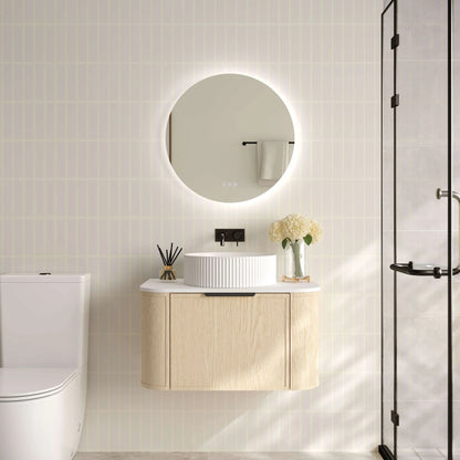 Elva 750mm Wall-Hung Cabinet - Natural Oak - 750mm / Gun Metal / Natural Oak Cabinet & White Stone Top