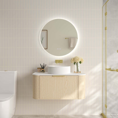 Elva 900mm Wall-Hung Cabinet - Natural Oak - 900mm / Gun Metal / Natural Oak Cabinet & White Stone Top