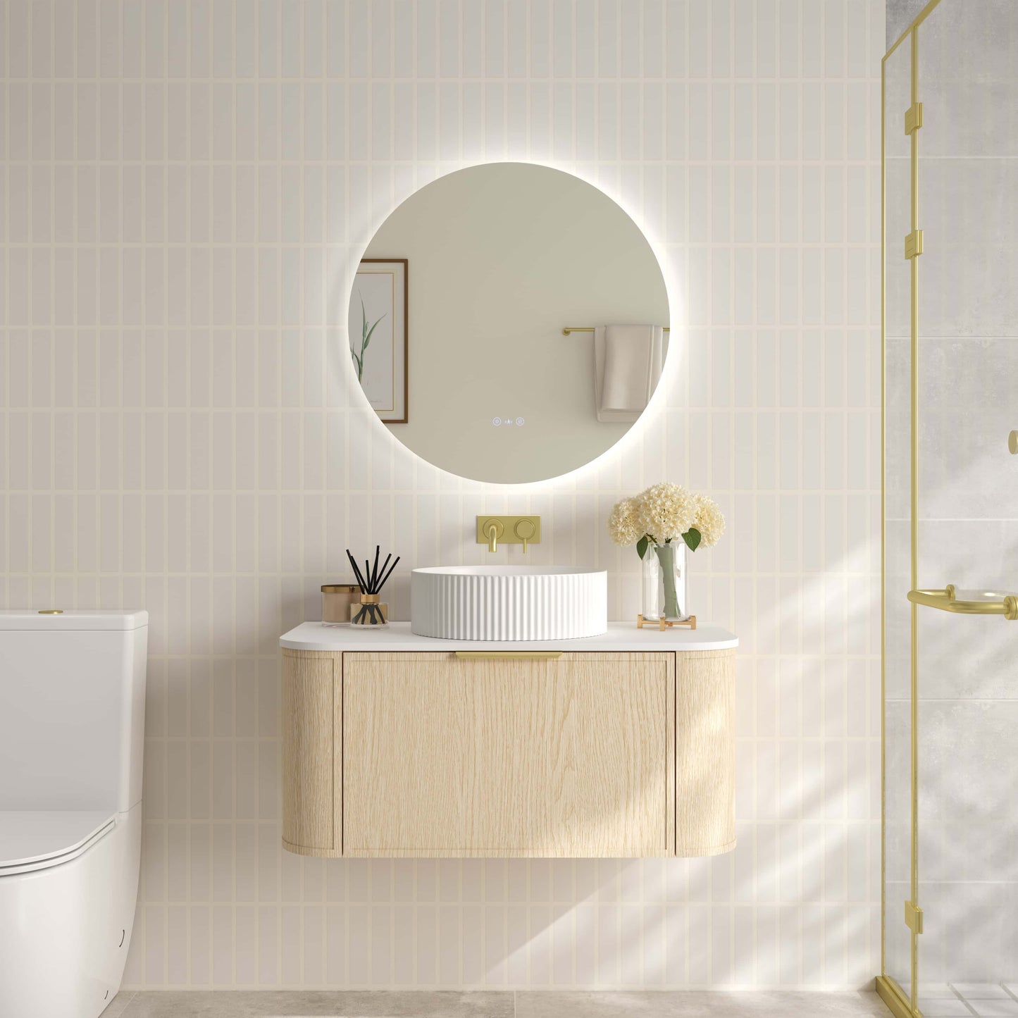 Elva 900mm Wall-Hung Cabinet - Natural Oak - 900mm / Matte Black / Natural Oak Cabinet & White Stone Top