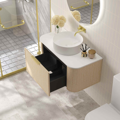 Elva 900mm Wall-Hung Cabinet - Natural Oak - 900mm / Brushed Nickel / Natural Oak Cabinet & White Stone Top