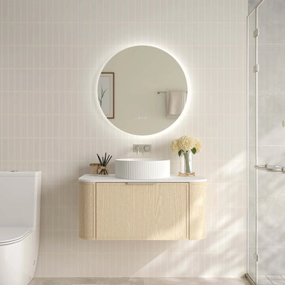 Elva 900mm Wall-Hung Cabinet - Natural Oak - 900mm / Brushed Brass / Natural Oak Cabinet & White Stone Top