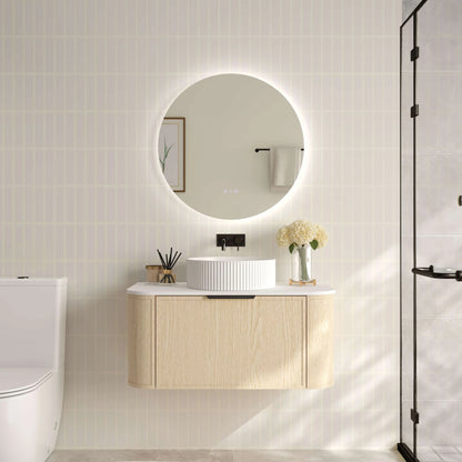 Elva 900mm Wall-Hung Cabinet - Natural Oak - 900mm / Brushed Nickel / Natural Oak Cabinet & White Stone Top