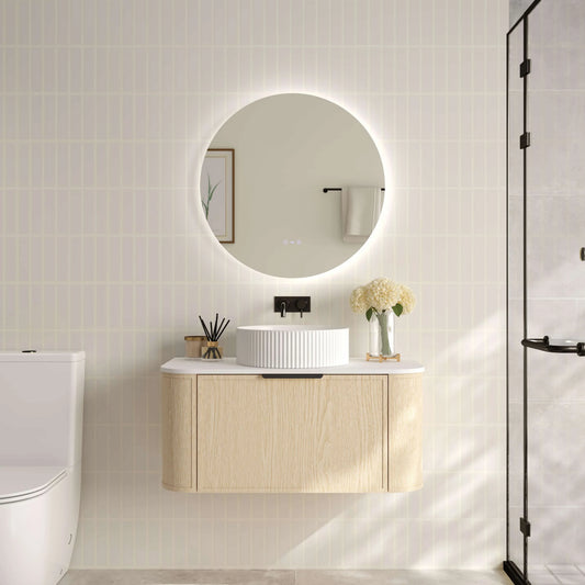 Elva 900mm Wall-Hung Cabinet - Natural Oak - 900mm / Gun Metal / Natural Oak Cabinet & White Stone Top