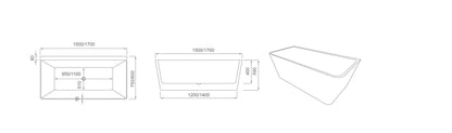 Fortuna Ultra-Thin Back-to-Wall Bathtub - Gloss White 1500mm x 750mm x 590mm - Gloss White