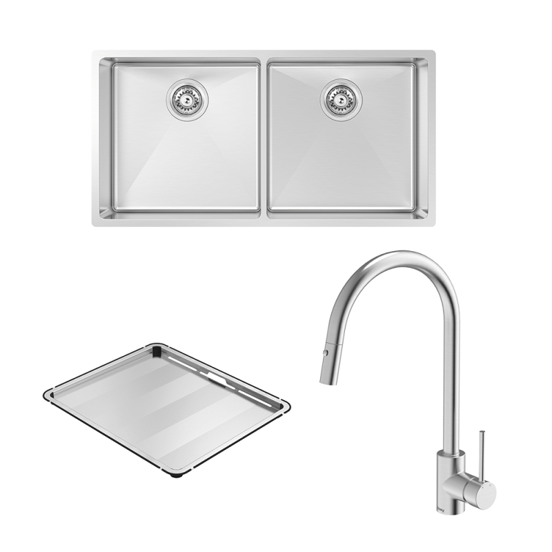 Alfresco 400 Double Bowl Sink with Drain Tray & KTA037-316-BR Kitchen Mixer