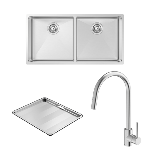 Alfresco 400 Double Bowl Sink with Drain Tray & KTA037-316-BR Kitchen Mixer