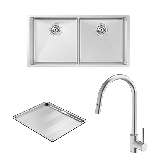 Alfresco 400 Double Bowl Sink with Drain Tray & KTA037-316-BR Kitchen Mixer