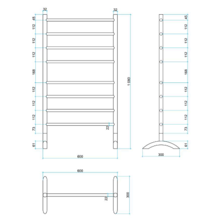 Thermorail 240V Freestanding 600 Straight/Round Heated Towel Rail