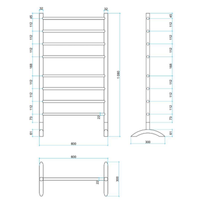 Thermorail 240V Freestanding 600 Straight/Round Heated Towel Rail