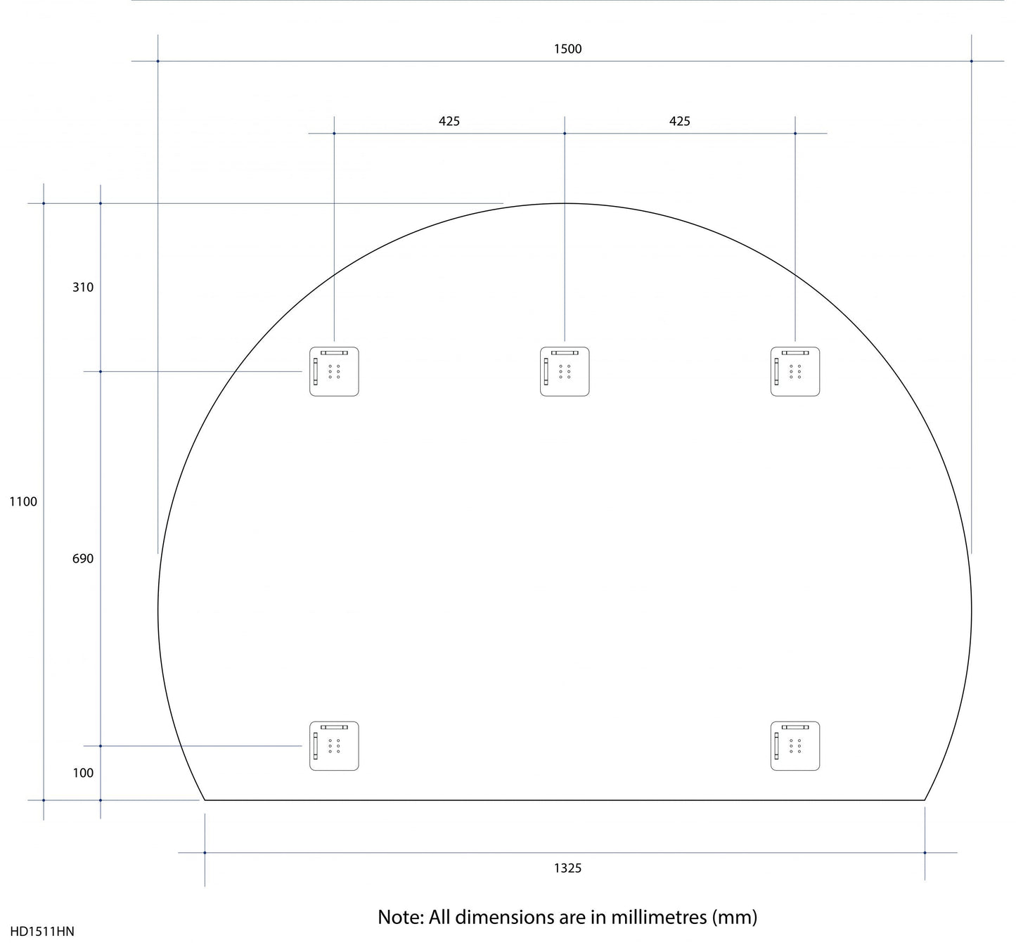 Thermogroup 1500x1100x11mm D-Shaped  Edge Mirror (Hanger Fixings)
