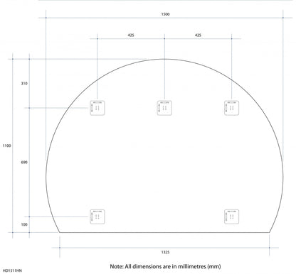 Thermogroup 1500x1100x11mm D-Shaped  Edge Mirror (Hanger Fixings)