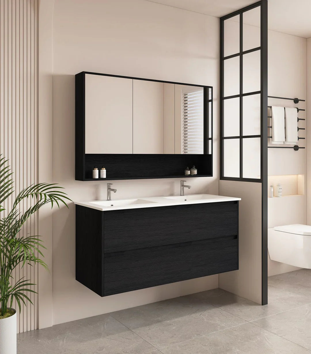 HERA 1200mm Wall-Hung Vanity - Black Oak - 1200mm / Black Oak Cabinet + Carrara White Stone Top