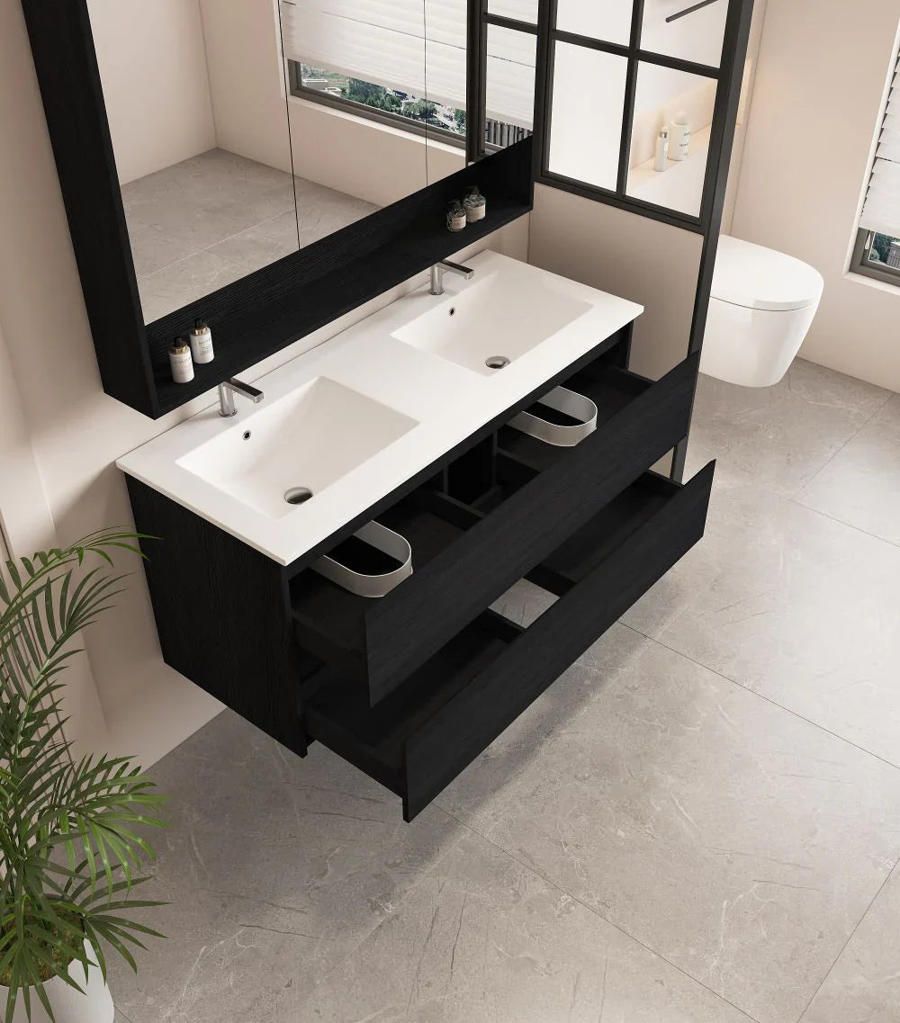 HERA 1200mm Wall-Hung Vanity - Black Oak - 1200mm / Black Oak Cabinet + Black Stone Top