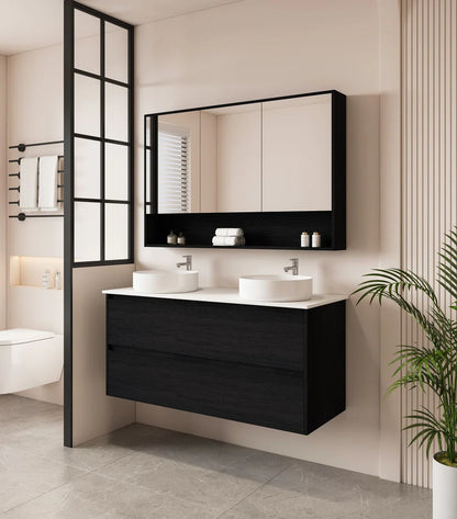 HERA 1200mm Wall-Hung Vanity - Black Oak - 1200mm / Black Oak Cabinet + Luna White Stone Top