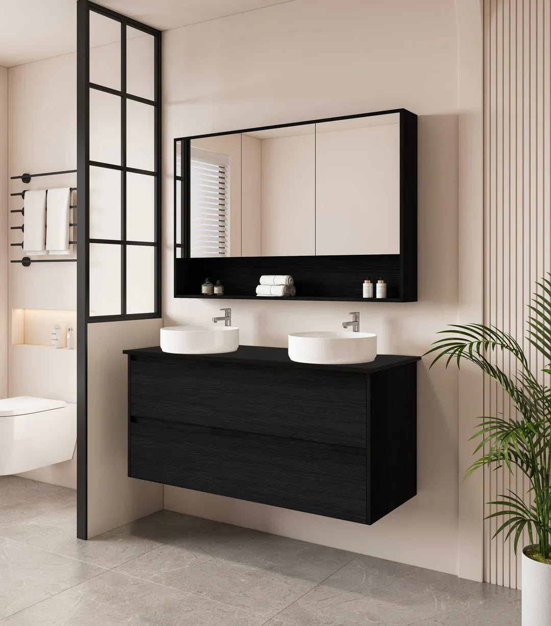 HERA 1200mm Wall-Hung Vanity - Black Oak - 1200mm / Black Oak Cabinet + Black Stone Top