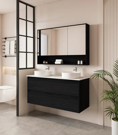 HERA 1200mm Wall-Hung Vanity - Black Oak - 1200mm / Black Oak Cabinet + Carrara White Stone Top