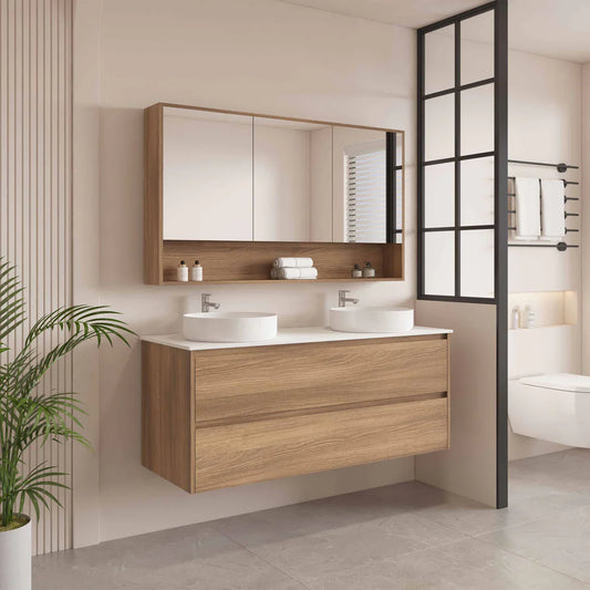 HERA 1200mm Wall-Hung Vanity - Elegant Oak - 1200mm / Elegant Oak Cabinet + Luna White Stone Top