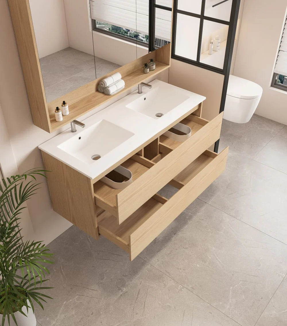 HERA 1200mm Wall-Hung Vanity - Tas Oak - 1200mm / Tas Oak Cabinet + Carrara White Stone Top