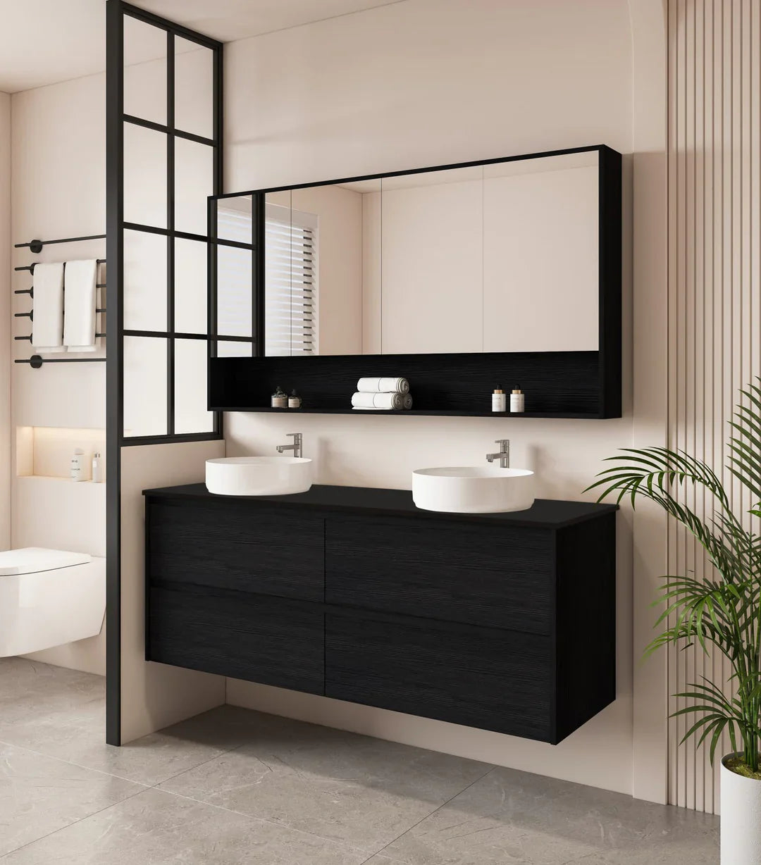 HERA 1500mm Wall-Hung Vanity - Black Oak - 1500mm / Black Oak Cabinet + Black Stone Top