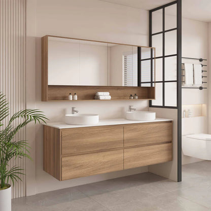 HERA 1500mm Wall-Hung Vanity - Elegant Oak - 1500mm / Elegant Oak Cabinet + Ceramic Top（Double Bowl）