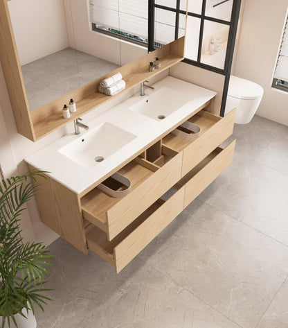 HERA 1500mm Wall-Hung Vanity - Tas Oak - 1500mm / Tas Oak Cabinet + Ceramic Top（Single Bowl）