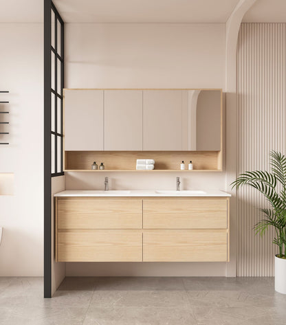 HERA 1500mm Wall-Hung Vanity - Tas Oak - 1500mm / Tas Oak Cabinet + Carrara White Stone Top