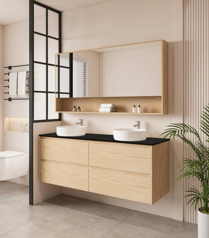 HERA 1500mm Wall-Hung Vanity - Tas Oak - 1500mm / Tas Oak Cabinet + Black Stone Top