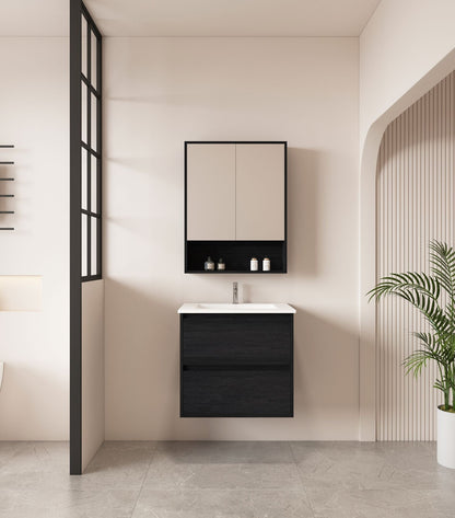 HERA 600mm Wall-Hung Vanity - Black Oak - 600mm / Black Oak Cabinet + Luna White Stone Top