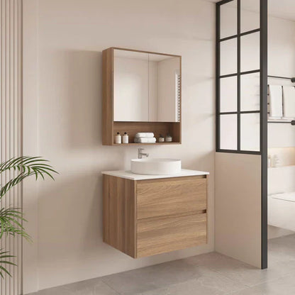HERA 600mm Wall-Hung Vanity - Elegant Oak - 600mm / Elegant Oak Cabinet + Luna White Stone Top