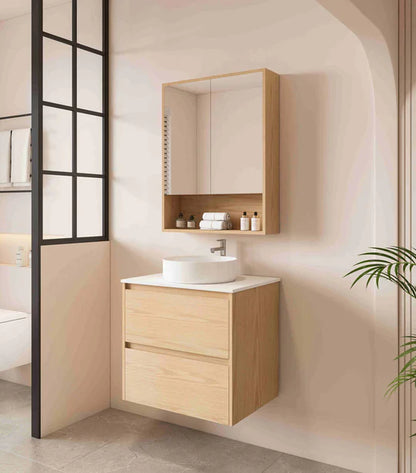 HERA 600mm x 780mm Shaving Cabinet - Tas Oak - Tas Oak Cabinet + Black Stone Top