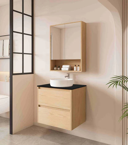HERA 600mm x 780mm Shaving Cabinet - Tas Oak - Tas Oak Cabinet + Black Stone Top