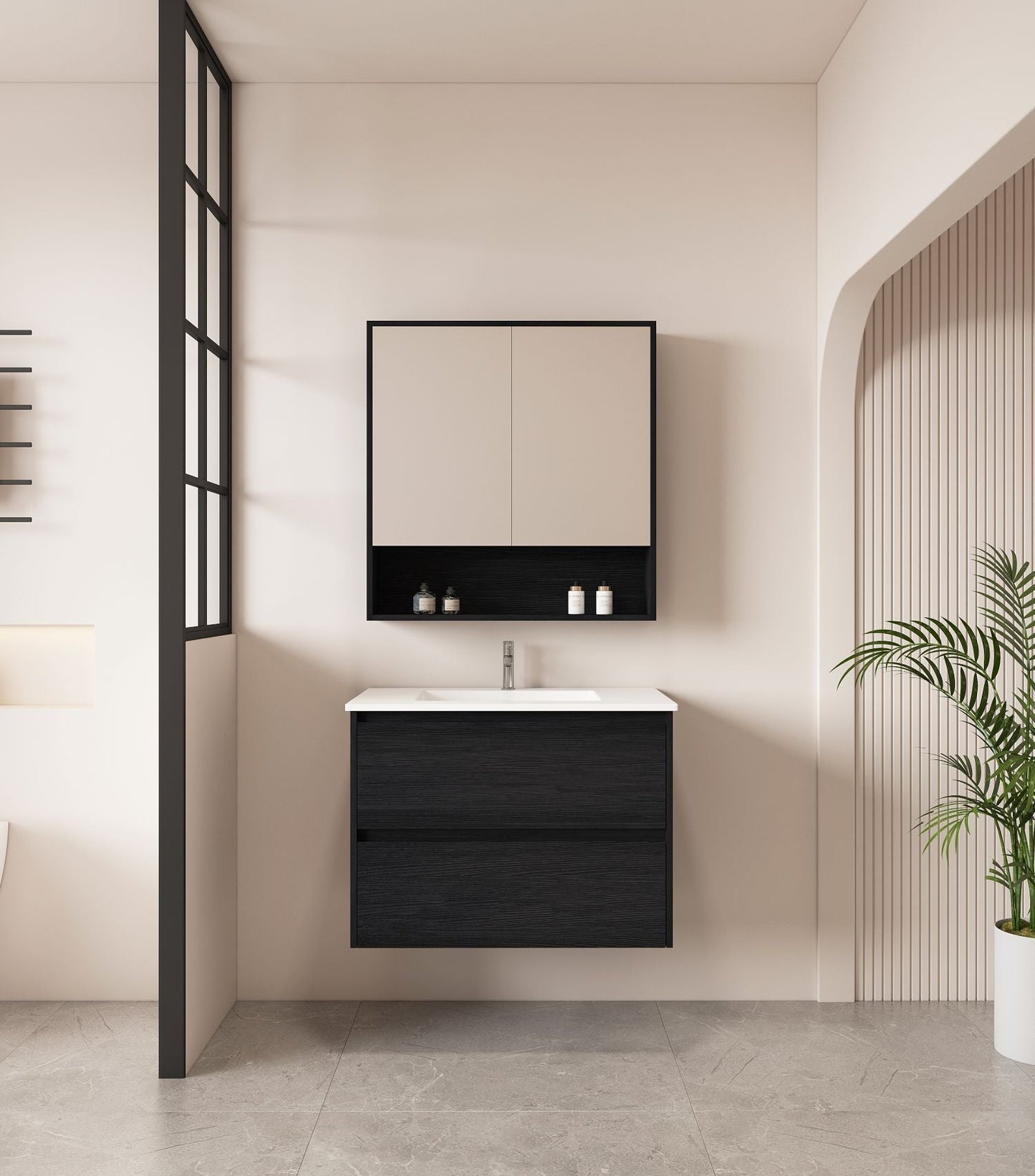 HERA 750mm Wall-Hung Vanity - Black Oak - 750mm / Black Oak Cabinet + Carrara White Stone Top