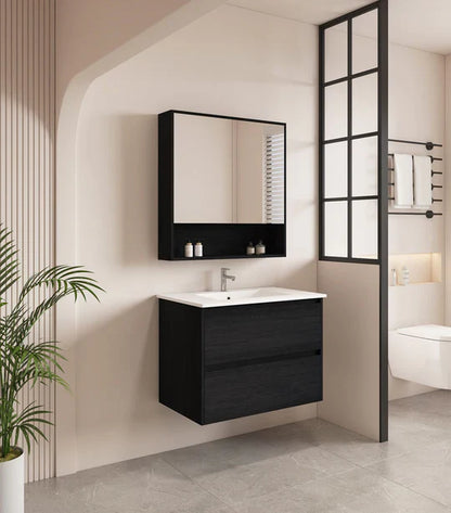 HERA 750mm Wall-Hung Vanity - Black Oak - 750mm / Black Oak Cabinet + Luna White Stone Top