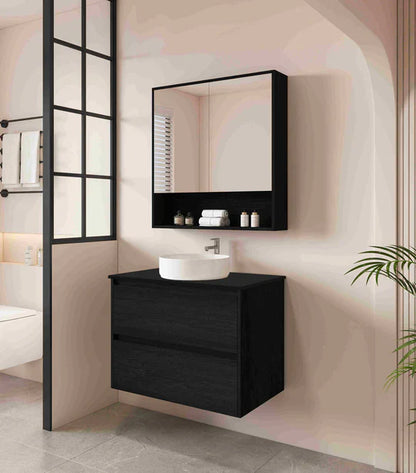 HERA 750mm Wall-Hung Vanity - Black Oak - 750mm / Black Oak Cabinet + Carrara White Stone Top