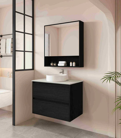 HERA 750mm Wall-Hung Vanity - Black Oak - 750mm / Black Oak Cabinet + Black Stone Top