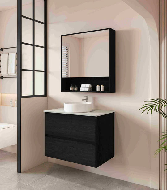 HERA 750mm Wall-Hung Vanity - Black Oak - 750mm / Black Oak Cabinet + Luna White Stone Top