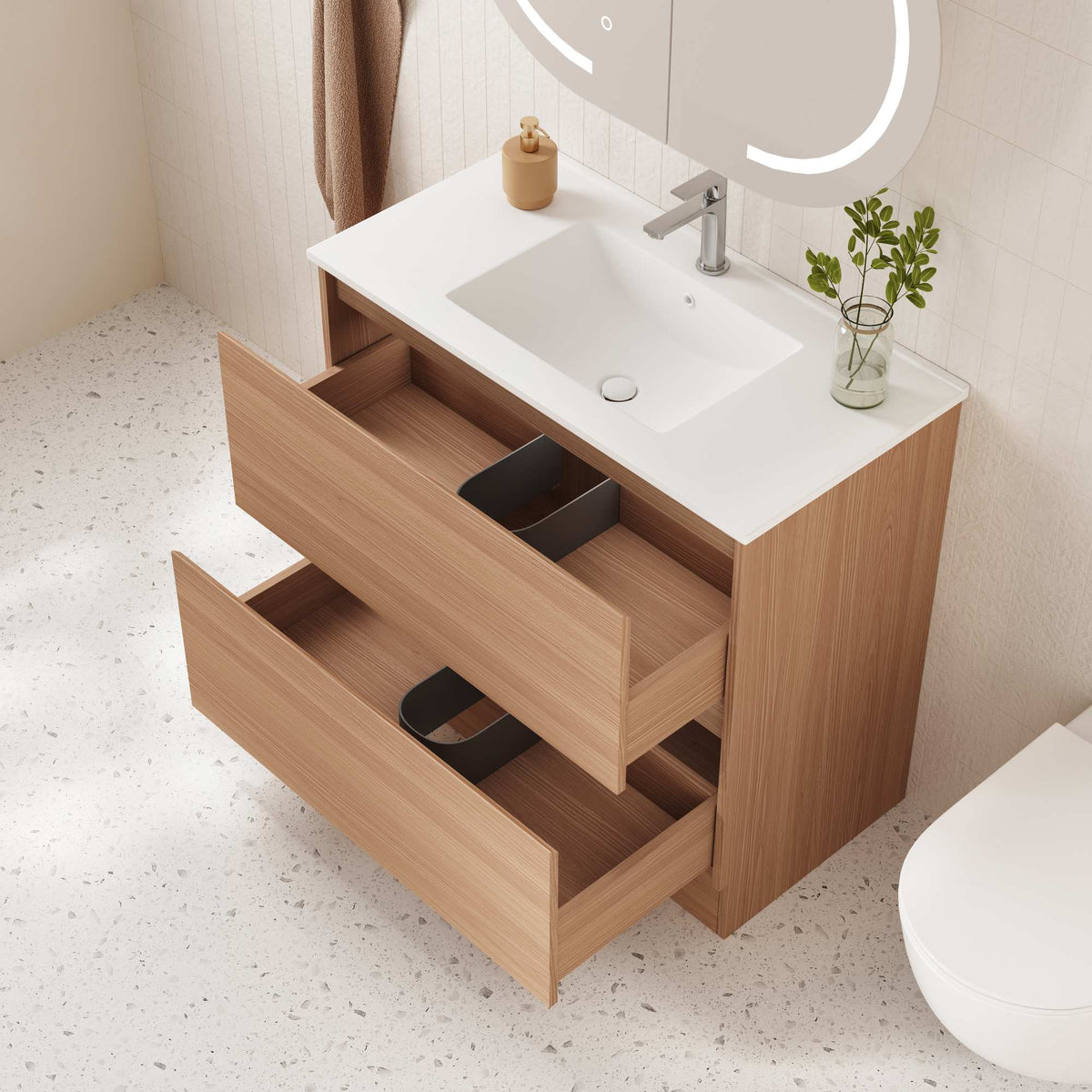 HERA 900mm Freestanding Vanity - Elegant Oak (+ ST-90-BK + KB-90HE-EO)