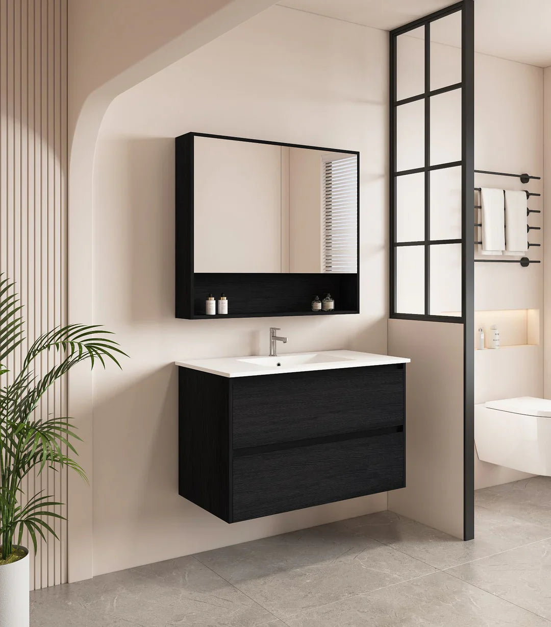 HERA 900mm Wall-Hung Vanity - Black Oak - 900mm / Black Oak Cabinet + Black Stone Top