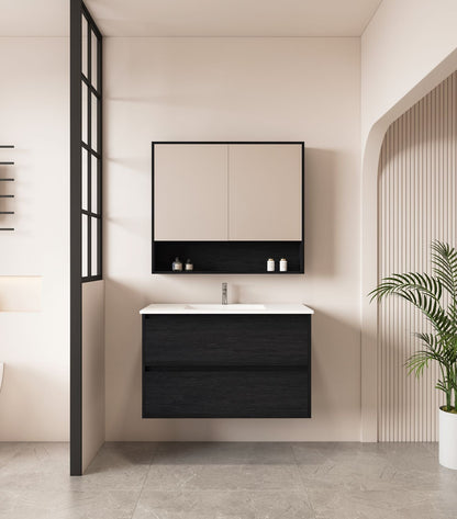HERA 900mm Wall-Hung Vanity - Black Oak - 900mm / Black Oak Cabinet + Luna White Stone Top