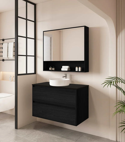 HERA 900mm Wall-Hung Vanity - Black Oak - 900mm / Black Oak Cabinet + Black Stone Top
