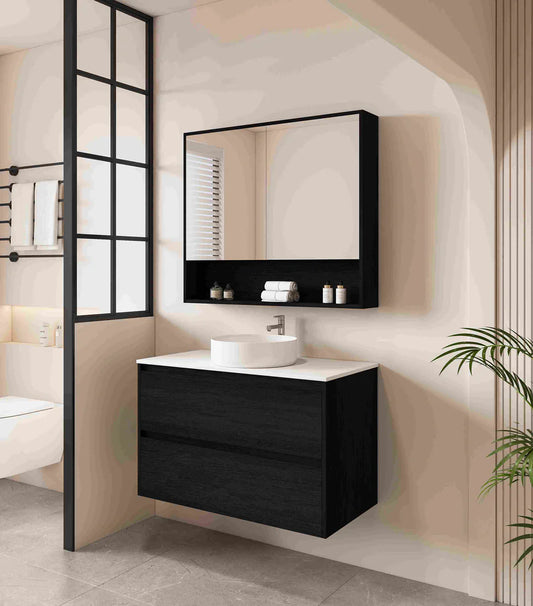 HERA 900mm Wall-Hung Vanity - Black Oak - 900mm / Black Oak Cabinet + Luna White Stone Top