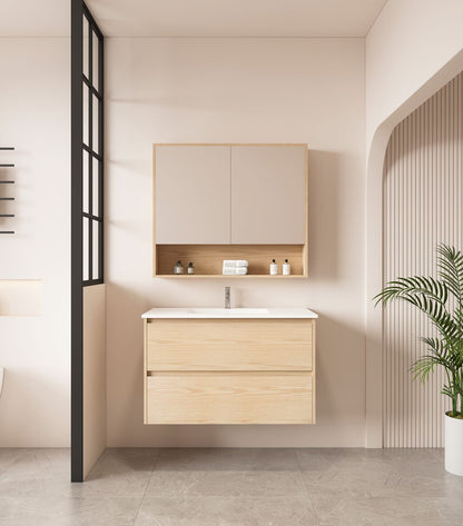 HERA 900mm Wall-Hung Vanity - Tas Oak - 900mm / Tas Oak Cabinet + Luna White Stone Top