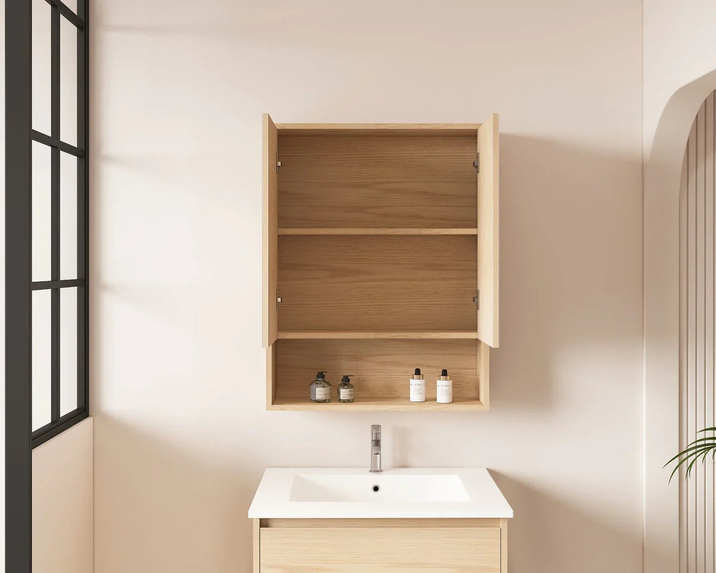 HERA 600mm x 780mm Shaving Cabinet - Tas Oak - Tas Oak Cabinet + Carrara White Stone Top