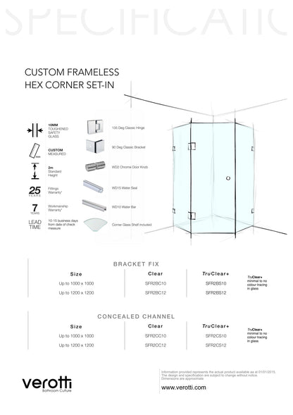 Custom Frameless Hex Corner Set-In - Up to 1200 x 1200 / Clear / Concealed Channel